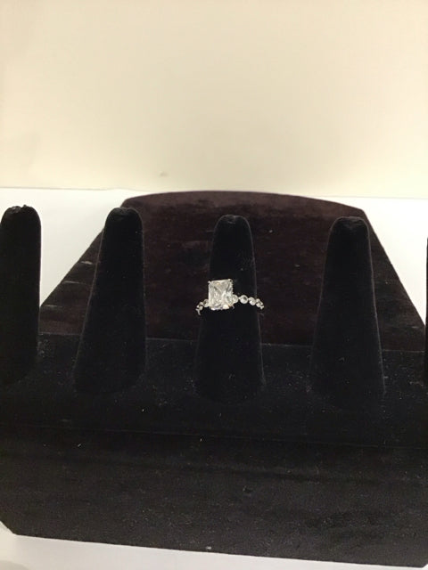 Silver Engagement Ring w/Radiant Cut Stone