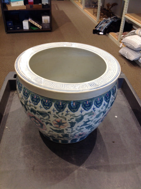 14" Enamel Floral Design Painted Ceramic Planter