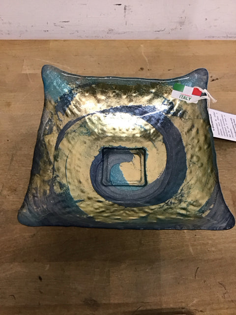 8" Il Quadrifoglio Gold Blue Green Art Glass Bowl