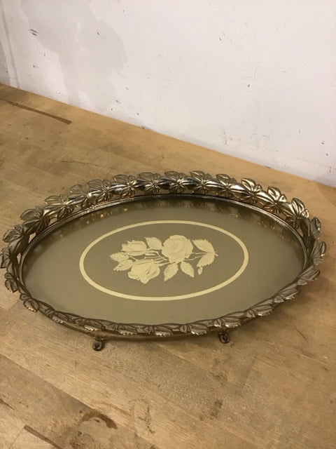 14" Gold Metal Oval Rose Vanity Tray