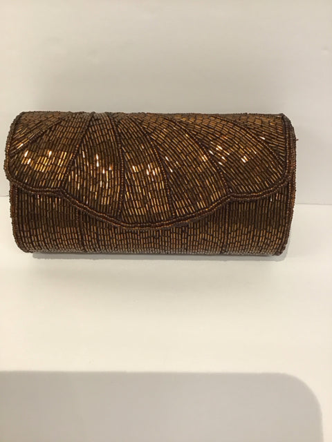 Bronze Tone Beaded Clutch w/Scallop Pattern