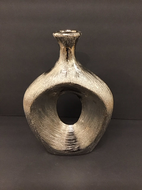 13" Abstract Silver Metal Etched Vase