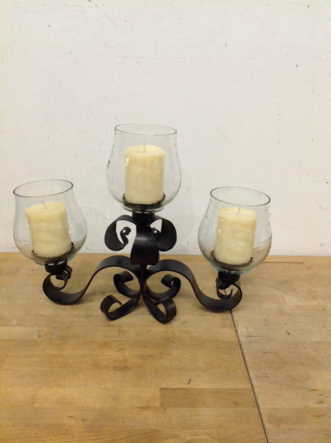 Black Metal 3-Candle Holder w/Glass