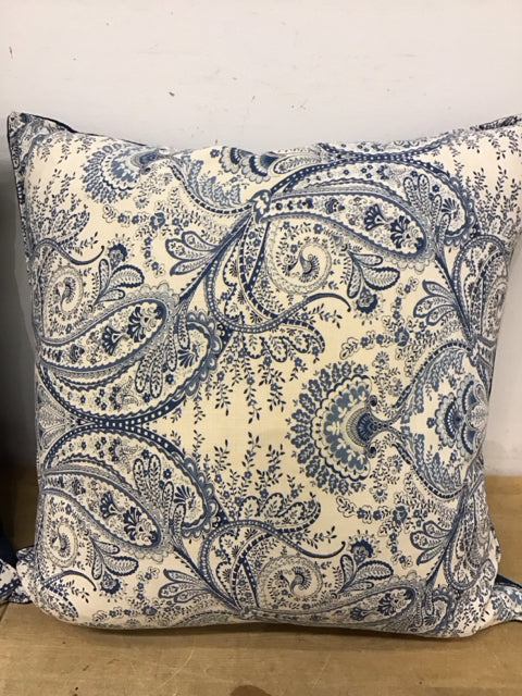 22" Ivory & Blue Paisley/Royal Blue Linen Pillow Down Filled
