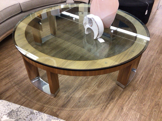 60" Round Glass Top Wood Base Coffee Table
