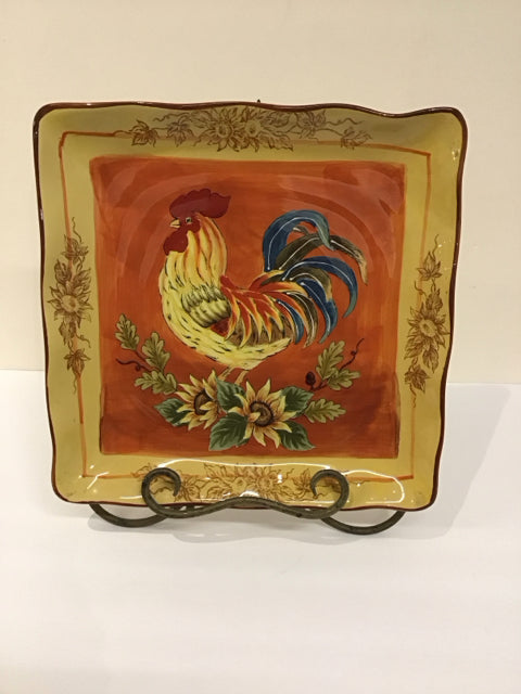 12"Sq Maxcera "Orange Rooster"  Plate w/Stand