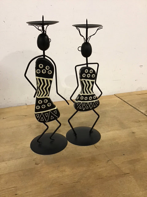 Pair Of Black & White Metal Figurine Candle Holder
