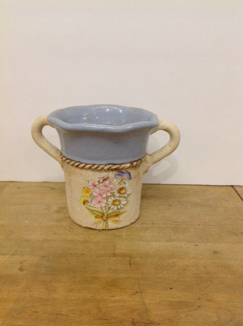 7" Ceramic Purple Vase w/ White Stripes &Flowers
