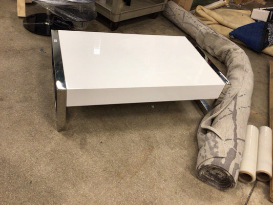 47" X 27 1/2" White Lacquered/Chrome Mirrored Two Drawer Coffee Table