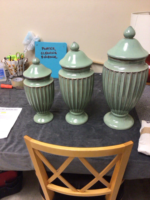 Set Of 3 Riibed Seafoam Ceramic Vases W/Lids