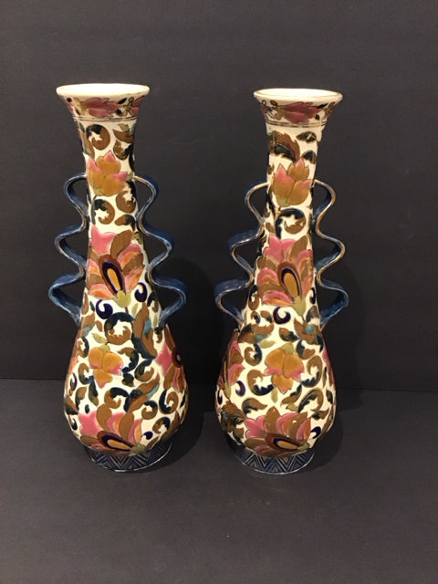 Pair Majolica Floral Vases w/Ribbon Handle
