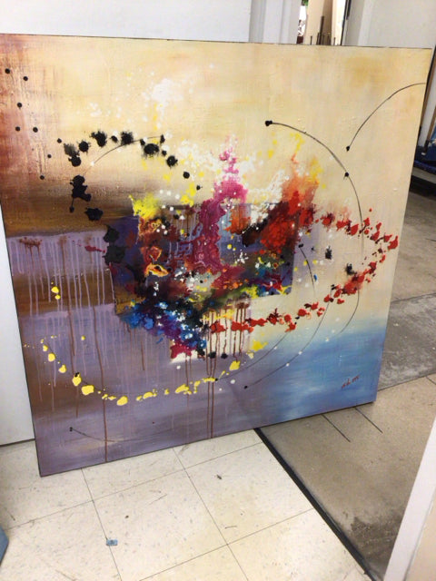 50" Square Cream/Purple/Red Abstract Print On Canvas