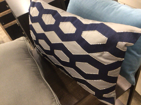 Grey & Blue Beaded Accent Lumbar Pillow