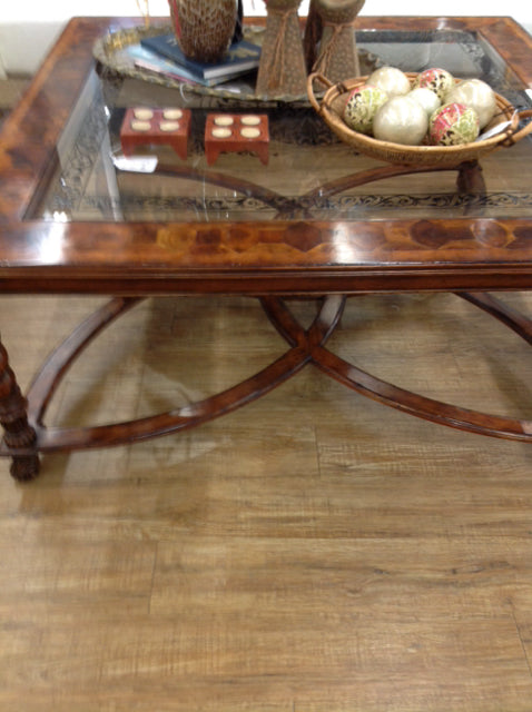 Coffee Table- Large Ornate Wood & Glass