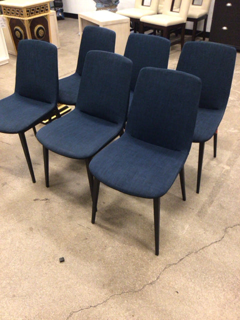 Set Of 6 Blue Fabric Metal Leg Dining Chairs