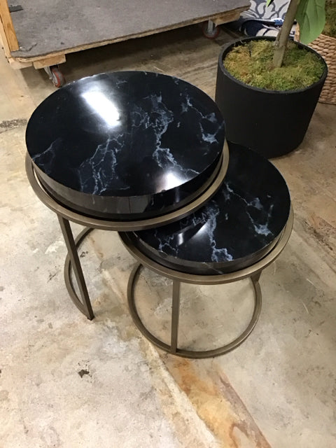 Round Faux Marble & Metal Nesting Accent Tables