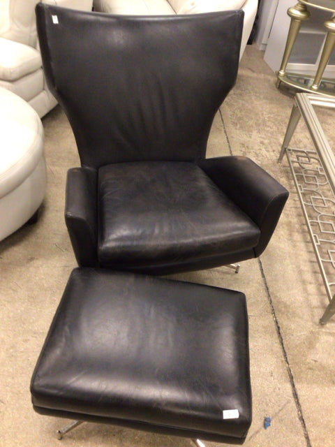 AS-IS West Elm Hemming Leather Swivel Chair & Ottoman (Some Wear)