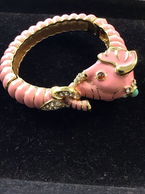 Vintage Pink Enamel Elephant W/Rhinestones Bangle Bracelet