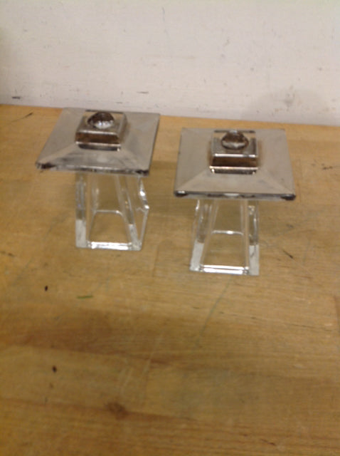 Candle Holder- 4" Pair Of Silver & Glass