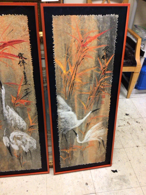 16" X 40" Youngqun Guo Framed White Crane Watercolor On Rice Paper