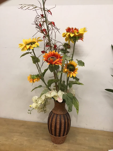 Flowers Yellow & Red Sunflowers White Orchid In Wicker Vase