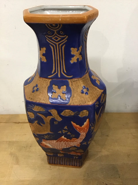15" Ceramic Bue Tan Orange Koi Fish Vase