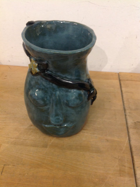 Vase- 8" Blue Ceramic Face