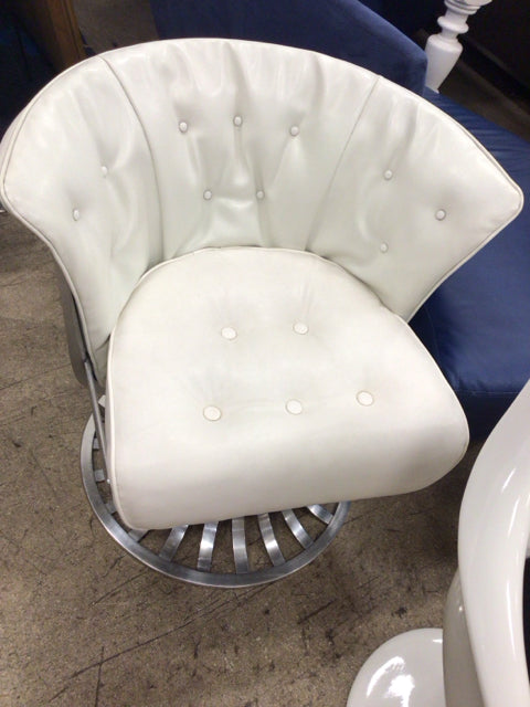 AS-IS Pair Of White Vinyl Button Tufted Aluminum Slatted Back Dining Chairs