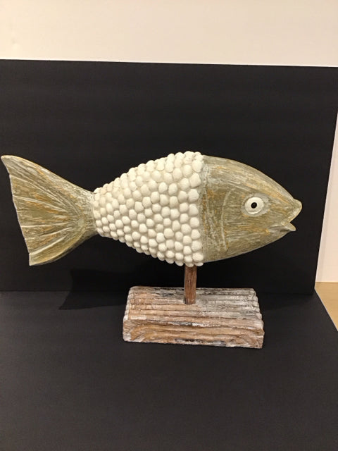 15" Wooden Fish Sculpture w/Sea Shells