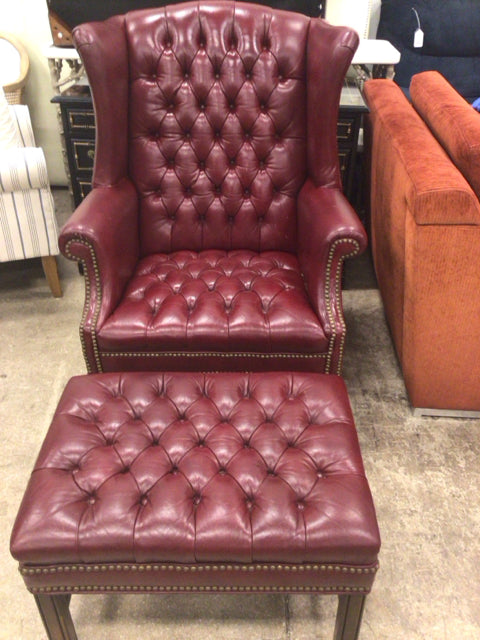 AS-IS Red Leather Button Tufted Chair & Ottoman(Scratches)