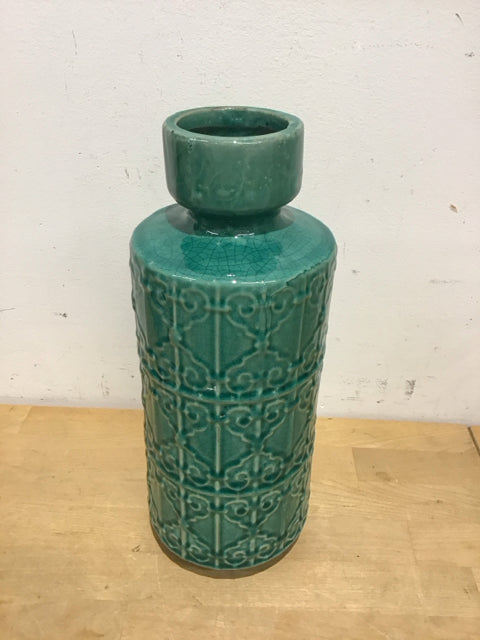 13" Teal Embossed Ceramic Vase
