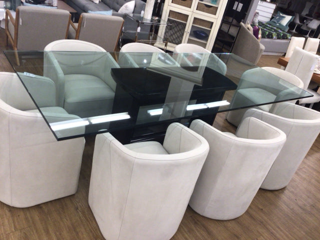 48" X 110" Lacqured Tiger Wood Pedestal Glass Top Dining Table