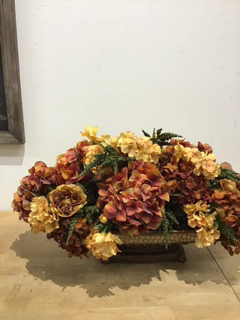 Fall Hydrangeas & Dianthusin Gold Resin Bowl