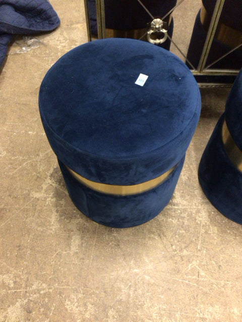 14" Round Blue Fabric Gold Accent Ottoman