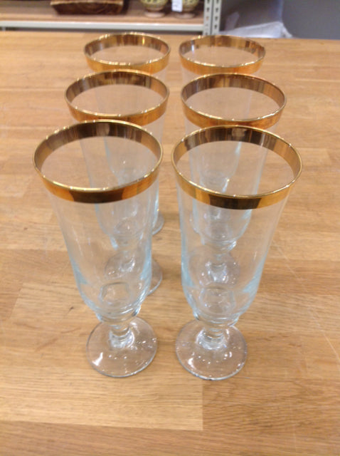 Set Of 6 Tall Gold Rim Glasses