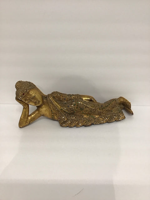 16" Wooden Gold Decorated Reclining Buddha