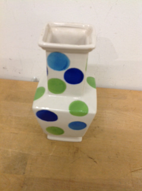 Vase 8" White Ceramic Blue & Green Dots