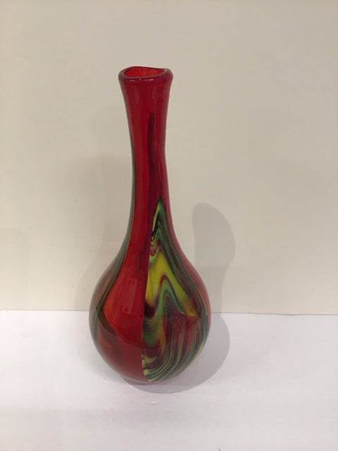 15" Art Glass Red/Yellow/Green Vase