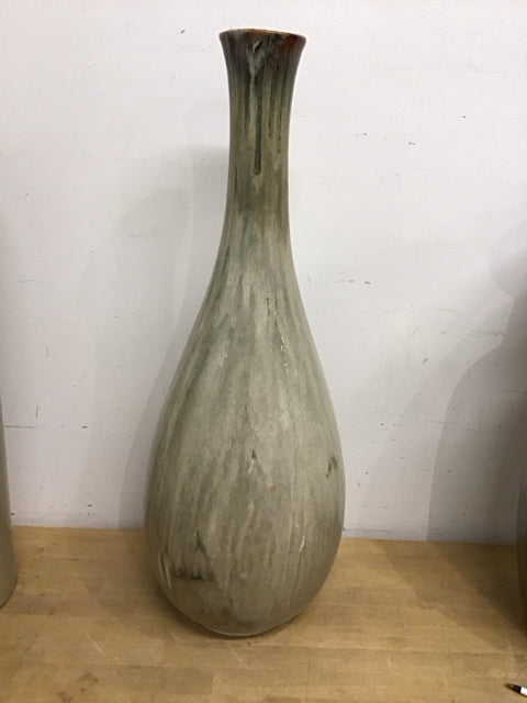 29" Beige Brown Green Bottle Shaped Glazed Streaky Vase