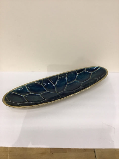 20" Gold Metal Tray w/Blue Enamel Honeycomb Design