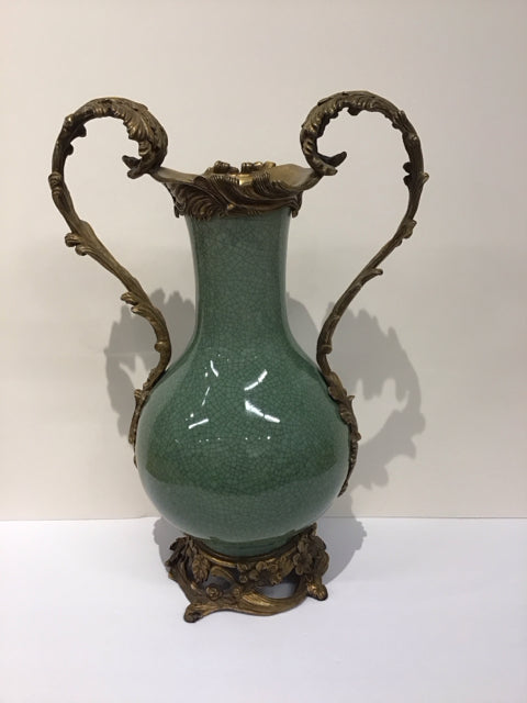 20" Celedon Green Crackled Vase w/Bronze