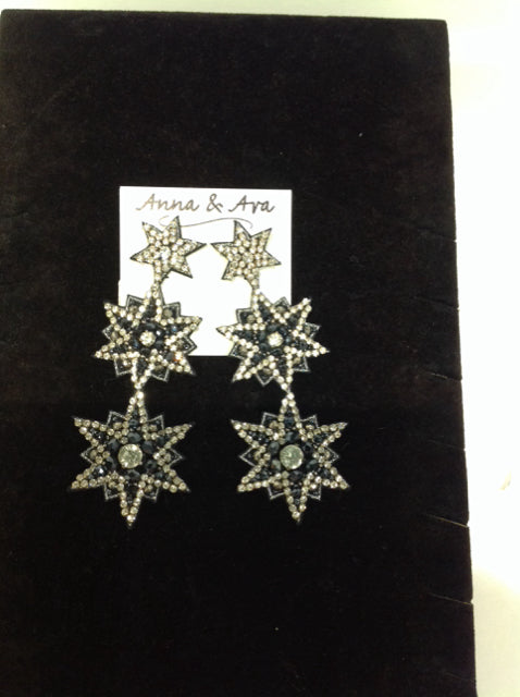 Stars w/Rhinestone & Black Bead Dangle Earrings
