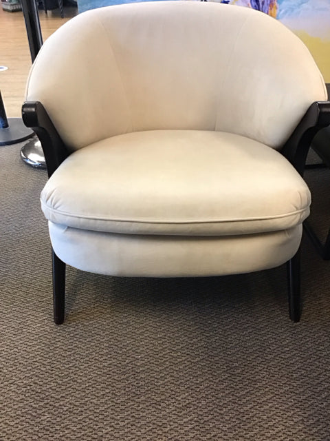 Barrell Style Cream Upholstered Wood Lounge Chair