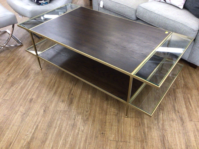 Brass & Wood Glass Panel Side Coffee Table