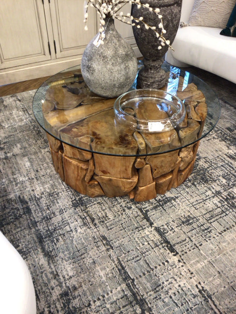 Round Root Glass Top Coffee Table