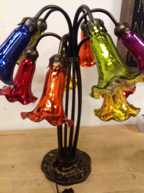 21" Bronze Multi Color Art Glass Lamp