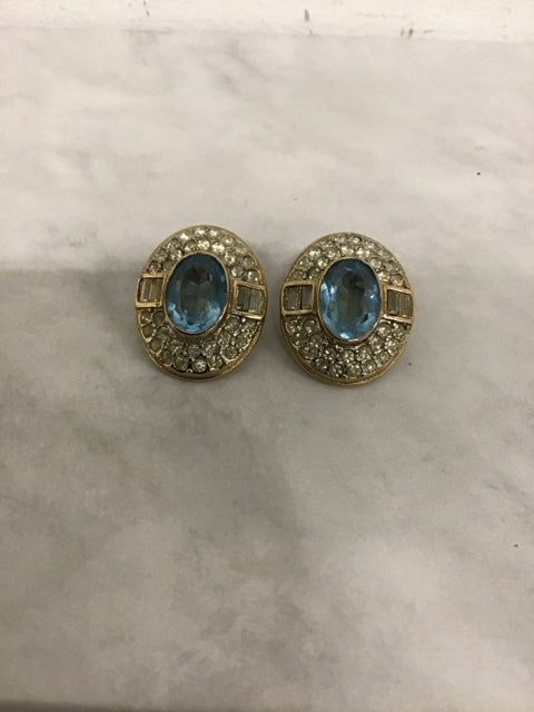 Gold W/Rhinestones & Light Blue Stone Clip Earrings