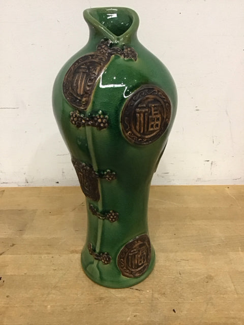 14" Green Glazed Terra Cotta W/Raised Seal Vase