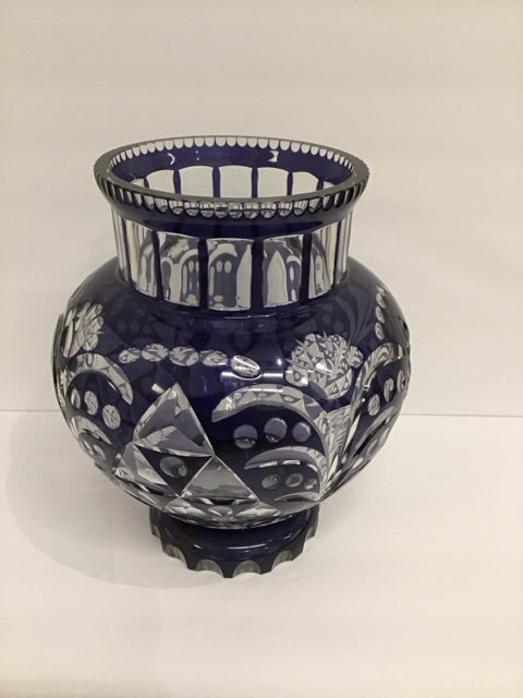 10" Bohemian Cobalt Blue Cut to Clear Vase