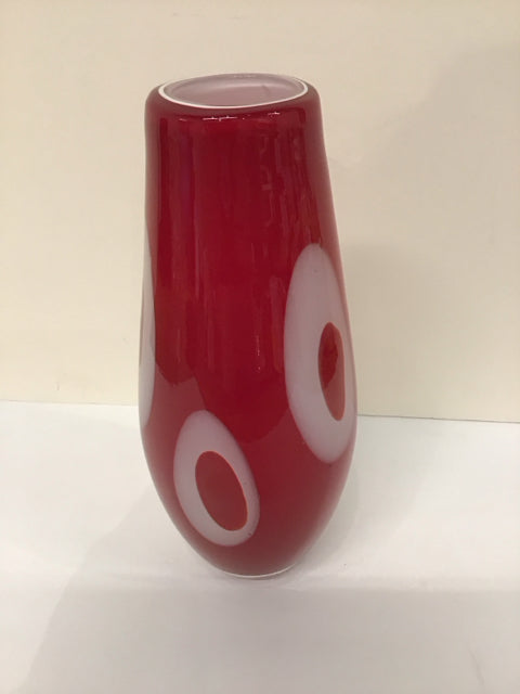11" Art Glass Red Vase w/White Spots